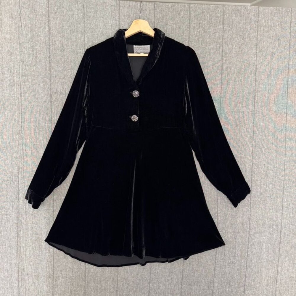 90s Vintage Kamellia by Desire Black Silk Blend Velvet Long Sleeve Mini Dress